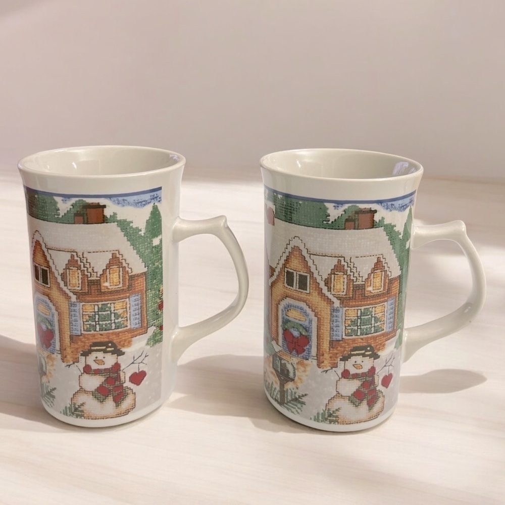 Royal Norfolk Mug Christmas Crosstitch House Tree Bunnies pair